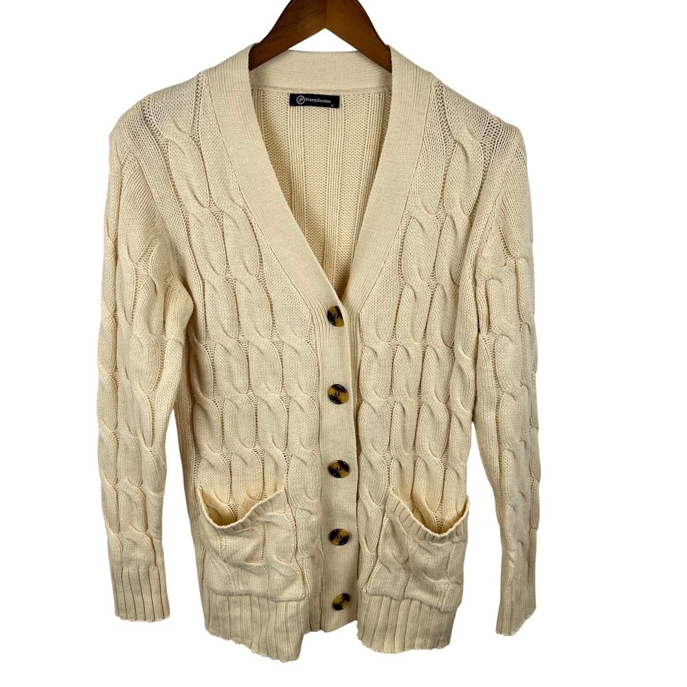 Cream Cable Knit Cardigan Sweater Small Ivory Preppy Aran Fisherman Quiet Luxury